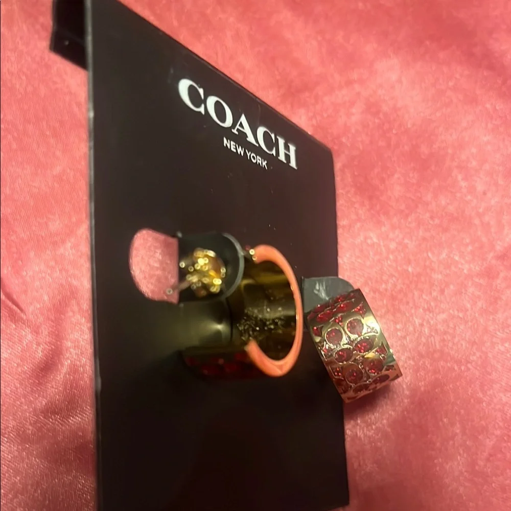 Coach Gold and Red small huggie hoop Earrings - Picture 5 of 6